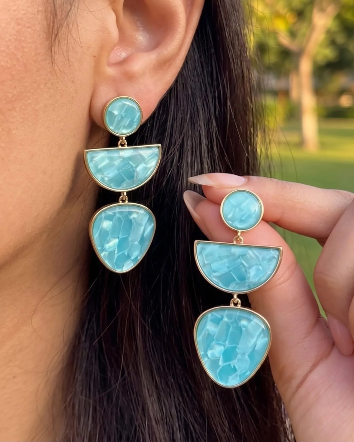 Aqua shell mosaic three-piece geometric drop earrings with gold trim