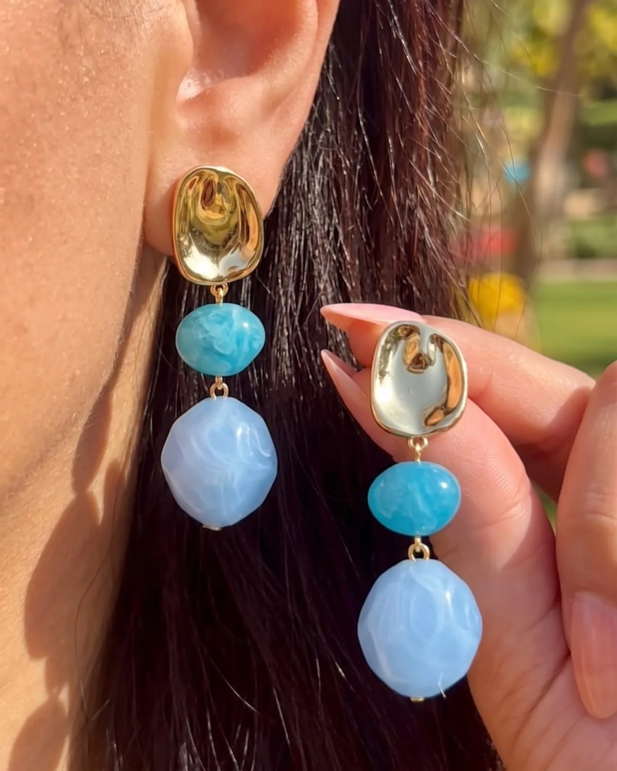 Gold hammered stud with turquoise and sky-blue resin bead drop earrings