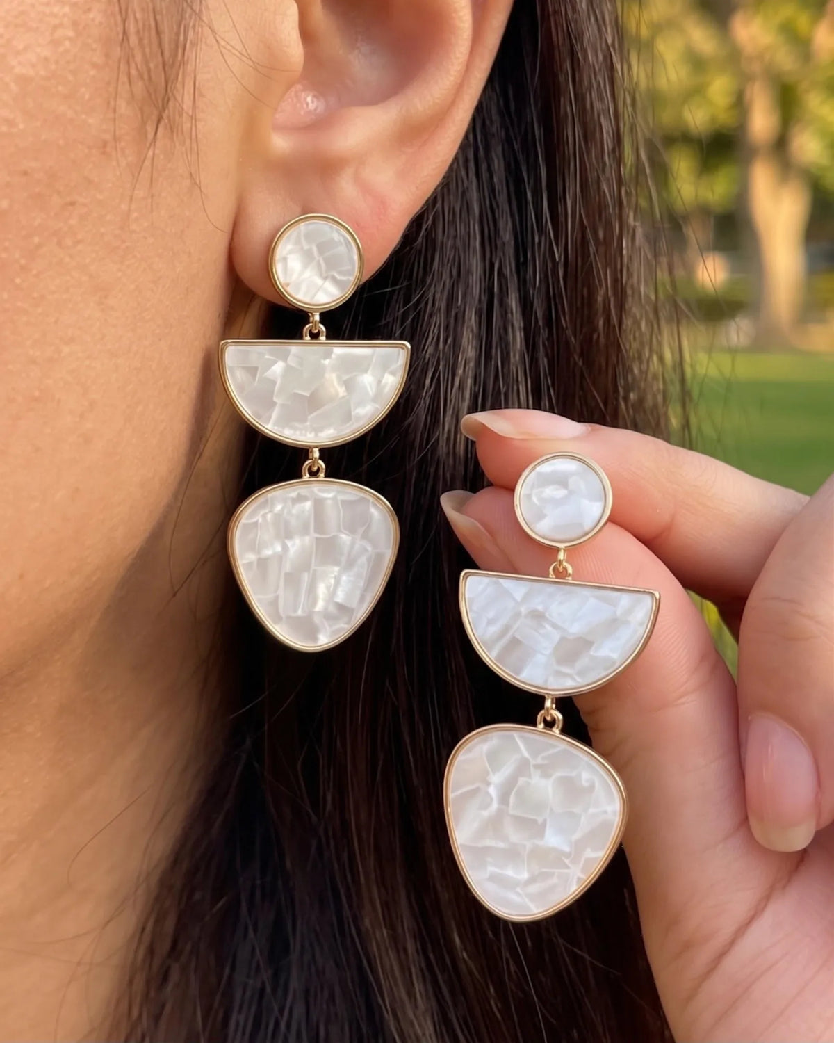White shell mosaic three-piece geometric drop earrings with gold trim