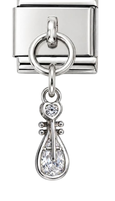 Silver Crystal Heart Key Drop Hanging Charm