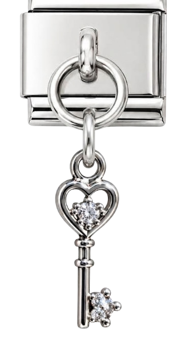 Silver Crystal Heart Key Hanging Charm