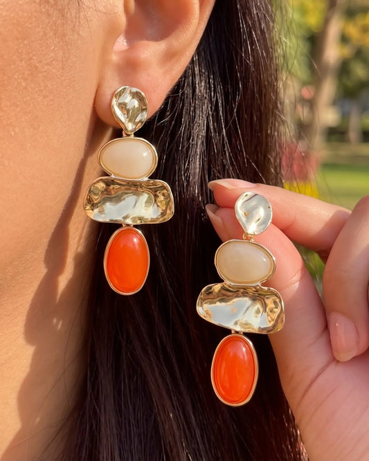 Hammered gold, cream and coral-orange stone stacked drop earrings